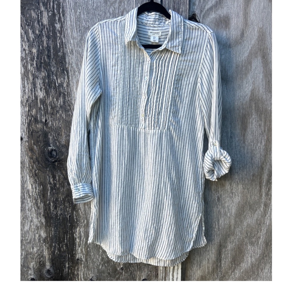 Artisan NY 100% Linen Striped Tunic Blouse Women's S Coastal Grandmother Beach